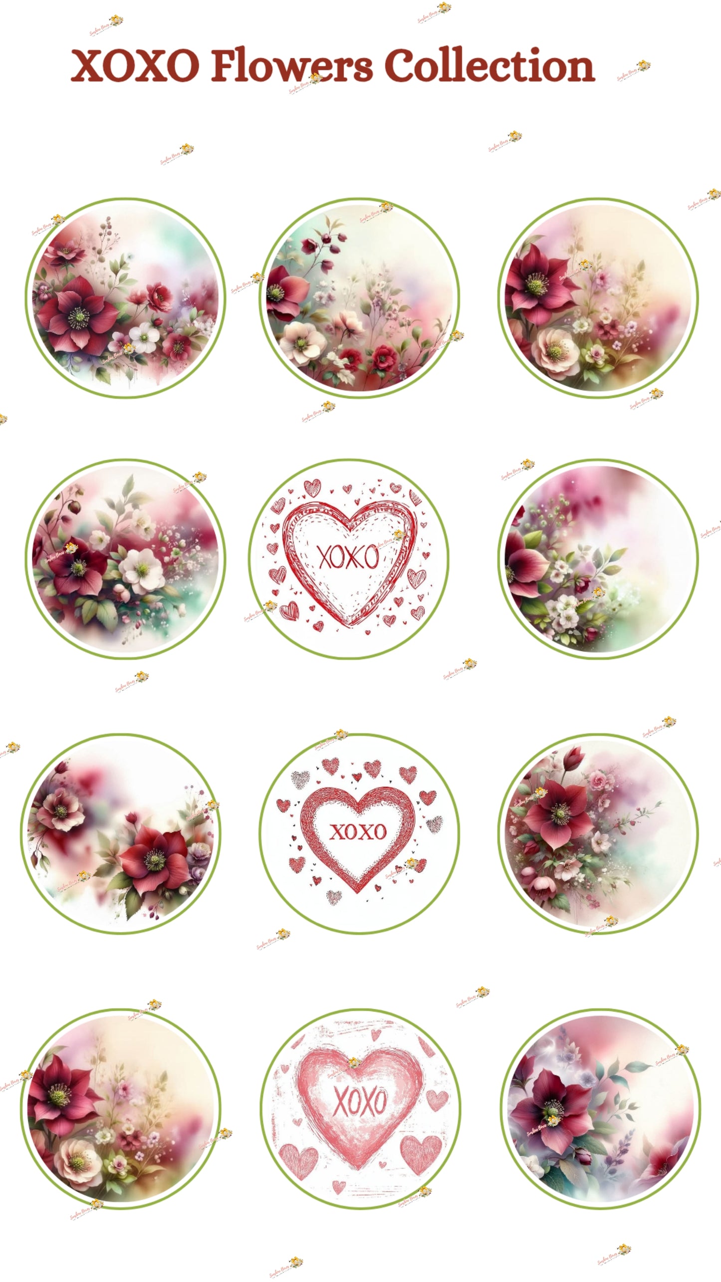 Sweet XOXO Flowers Edible Cake & Cookie Decorations - Customizable 2 Inch Rounds