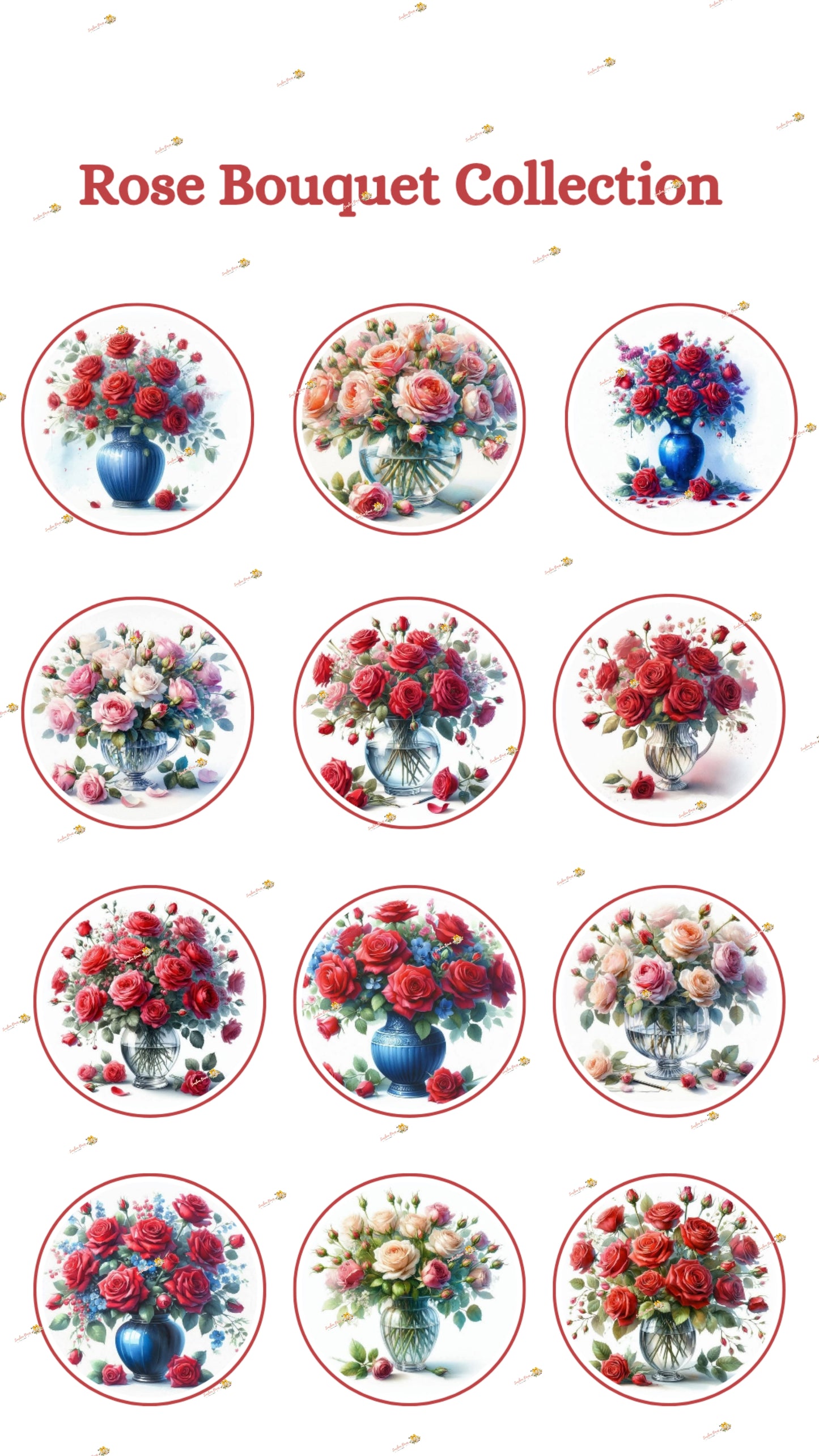 Classic Rose Bouquet Edible Cake & Cookie Decorations - Customizable 2 Inch Rounds