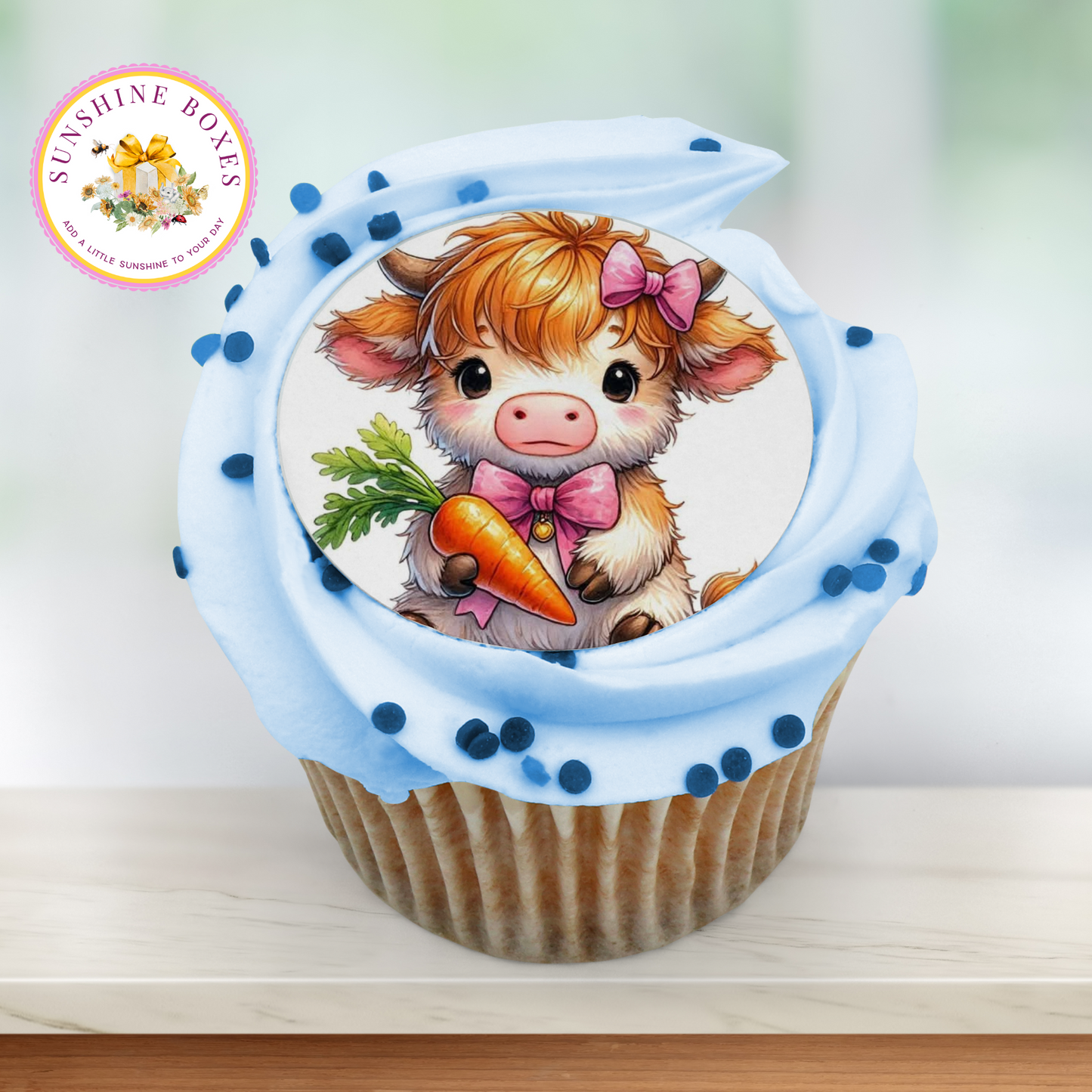 Cows and Carrots Edible Cake Toppers 2 Inch Round - Cute Farm Animal Cupcake & Oreo Decorations - 12 Pack Sweet Treat Images