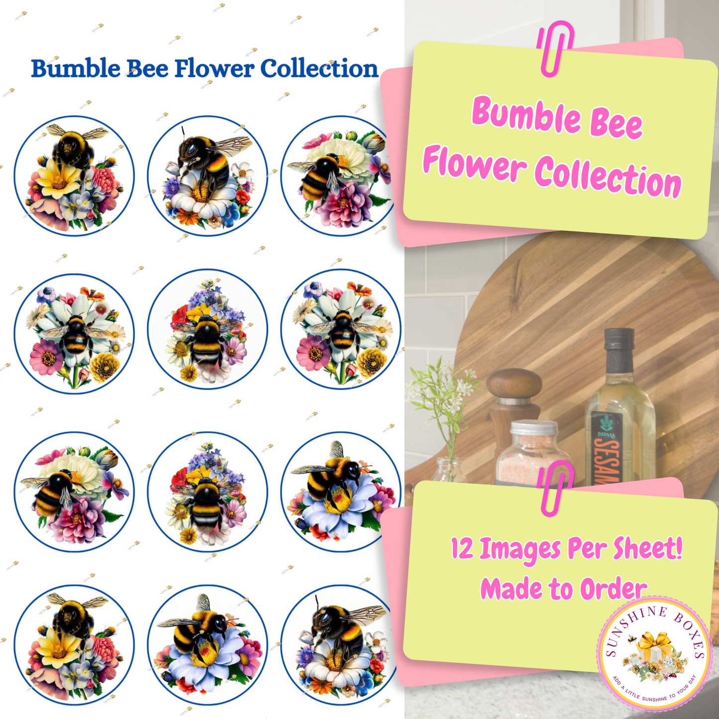 Vintage Bumble Bee and Flowers Oreo Toppers - 12 Floral Seed Packet Style Decals for Treats