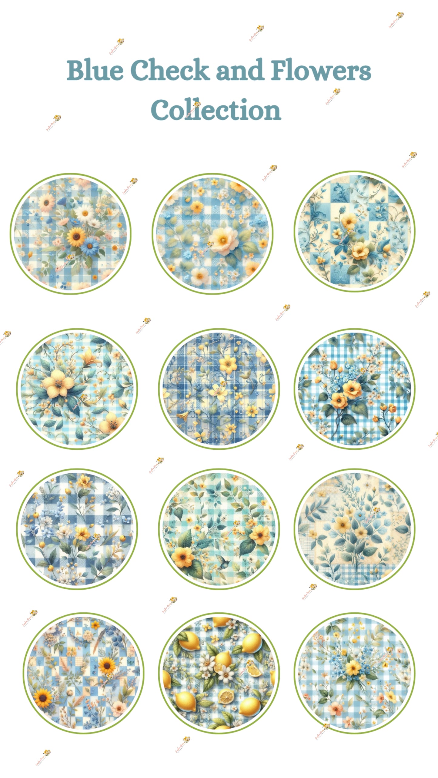 Blue Check & Flowers Edible Images - 2 Inch Round (Custom Sizing Available) for Oreos & Cake Pucks