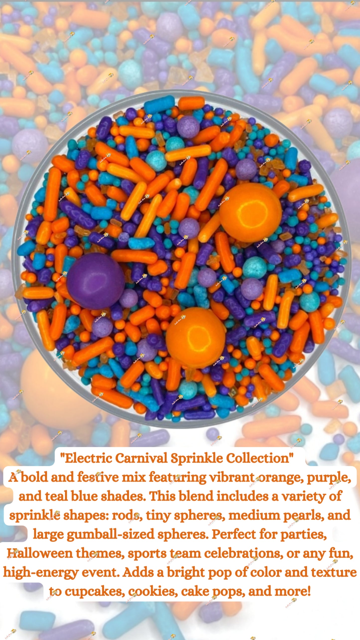 Electric Carnival Sprinkle Mix 2 OZ: Vibrant Orange with Purple Hues for Festive Baking