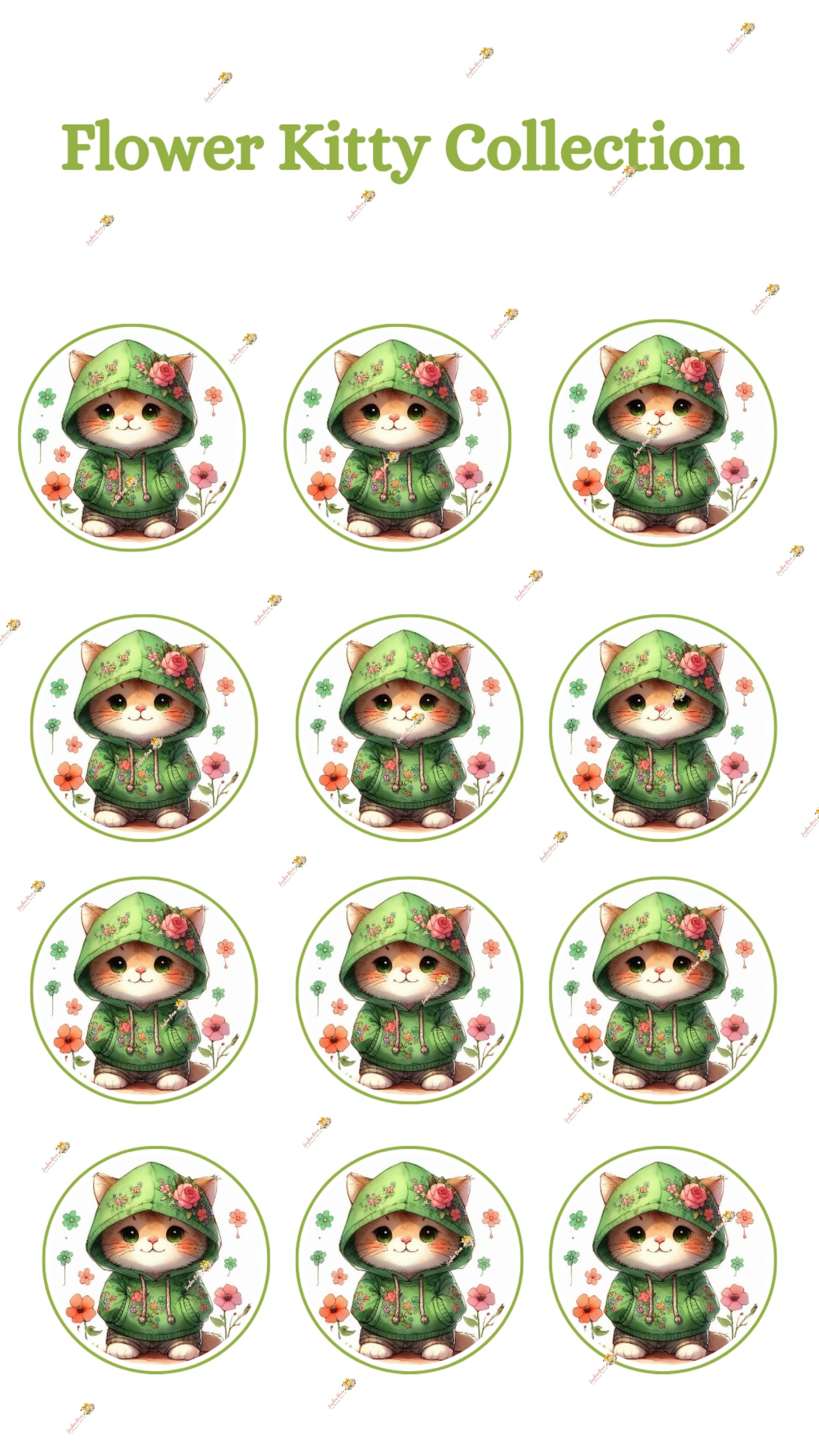 Sweet Flower Kitty Edible Cake & Cookie Decorations - Customizable 2 Inch Rounds