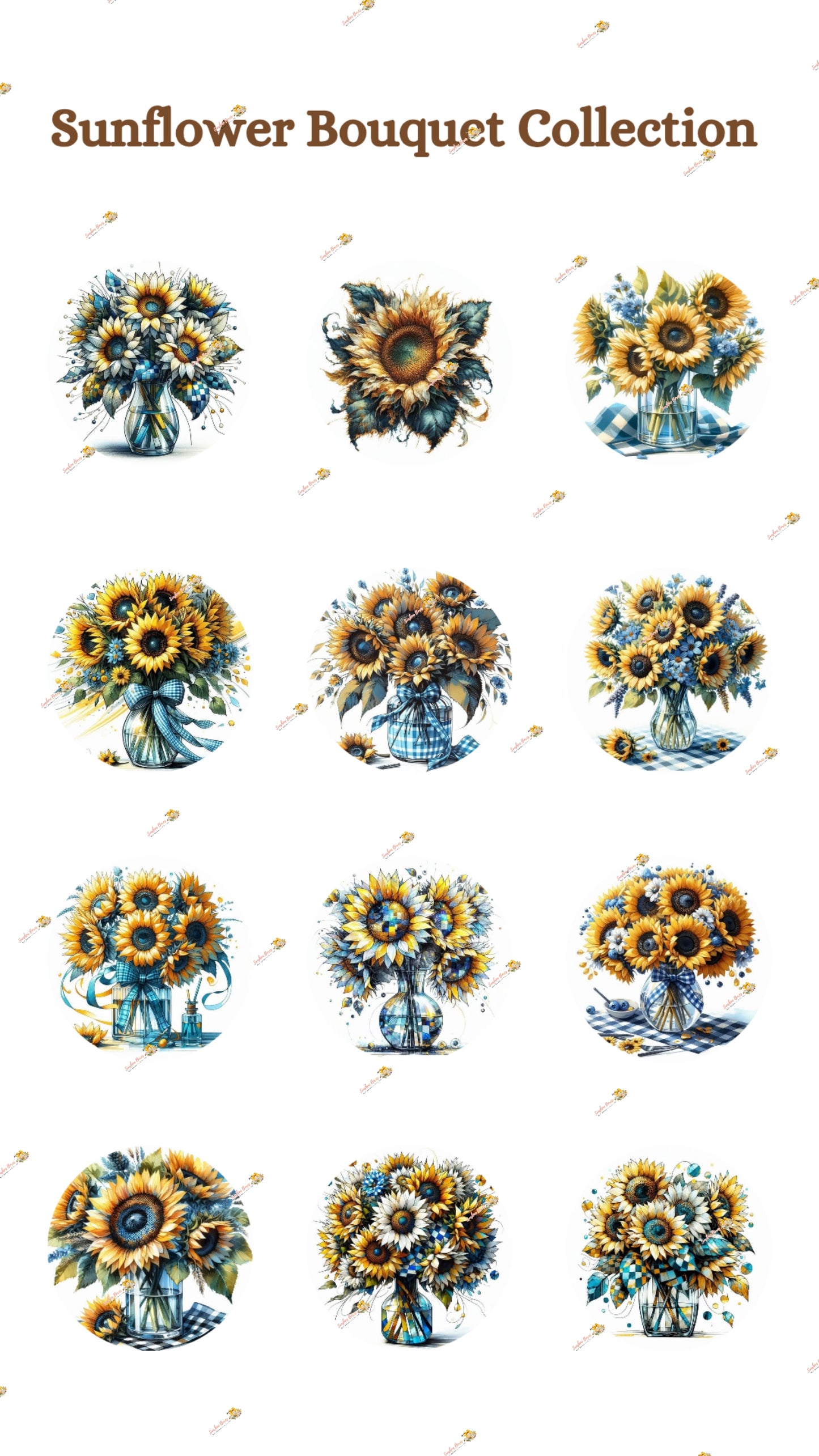 Cheerful Sunflower Bouquet Edible Cake & Cookie Decorations - Customizable 2 Inch Rounds