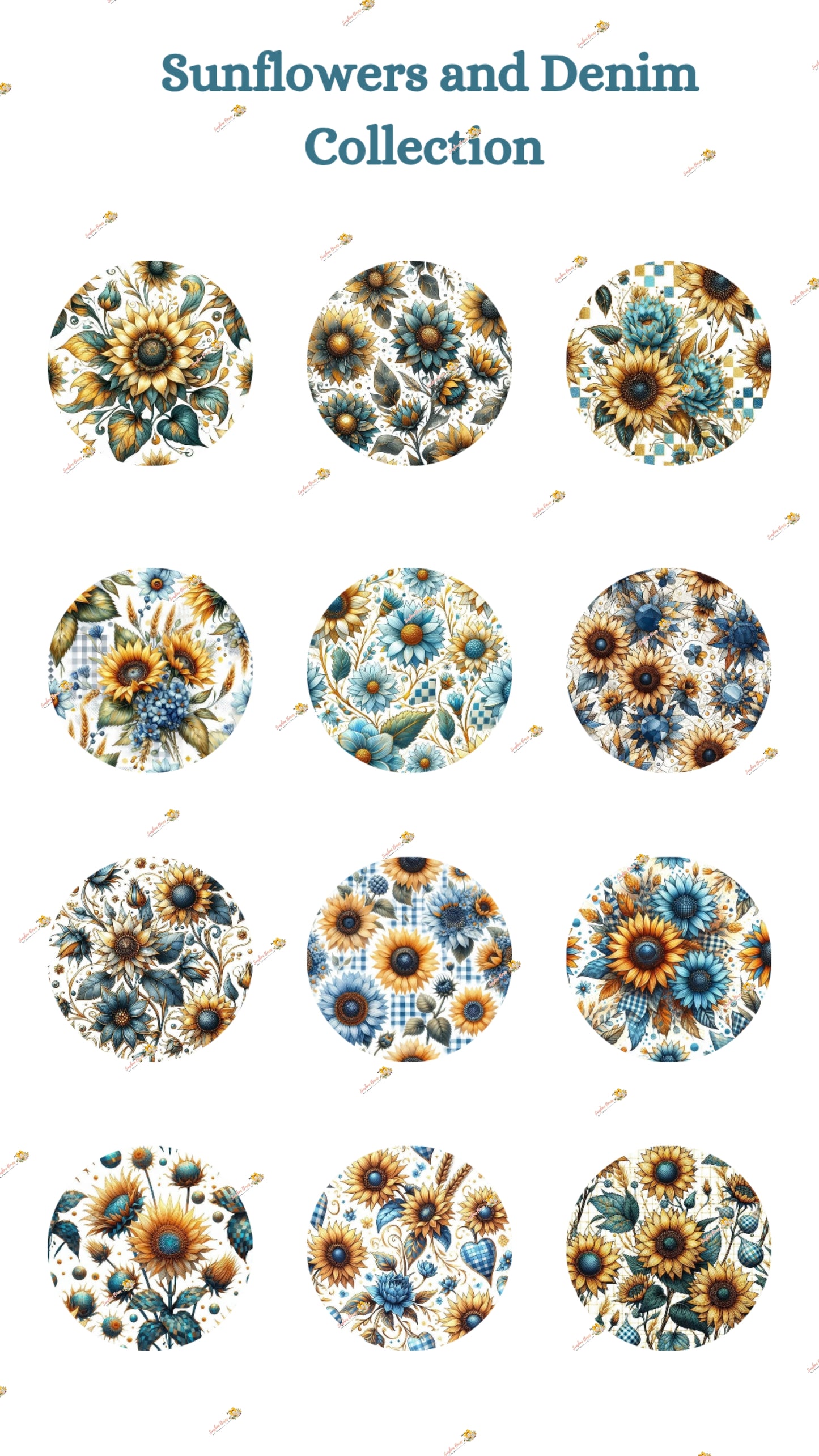 Rustic Sunflower & Denim Edible Cake & Cookie Decorations - Customizable 2 Inch Rounds