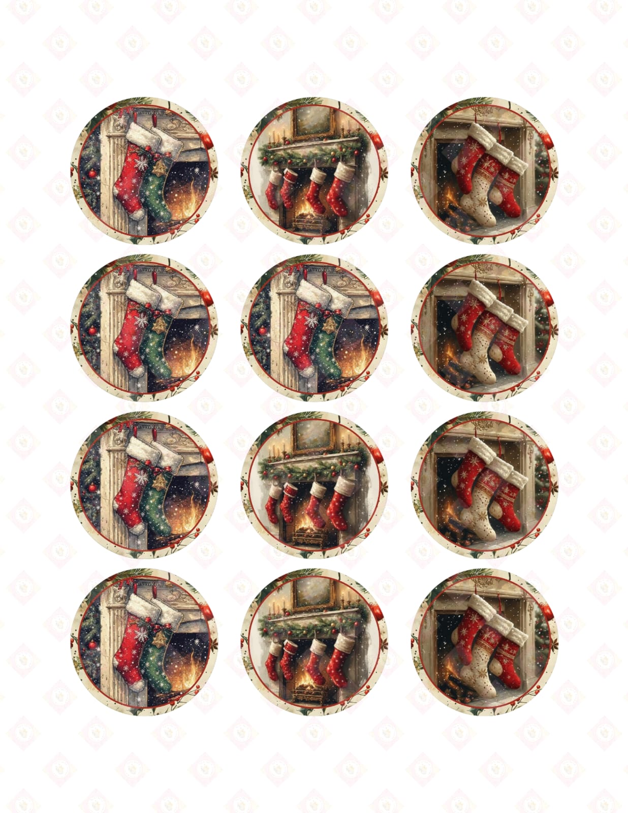 Cozy Fireplace Stockings Edible Cupcake Toppers | Pre-Cut Traditional Christmas Sugar Images for Rustic Holiday Baking.