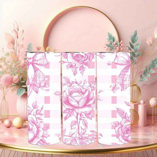 Pink Gingham Rose Tumbler - 20 oz Stainless Steel