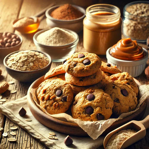 Protein Cookies (Finished Batch): A batch of freshly baked protein cookies arranged on a rustic wooden table. 
