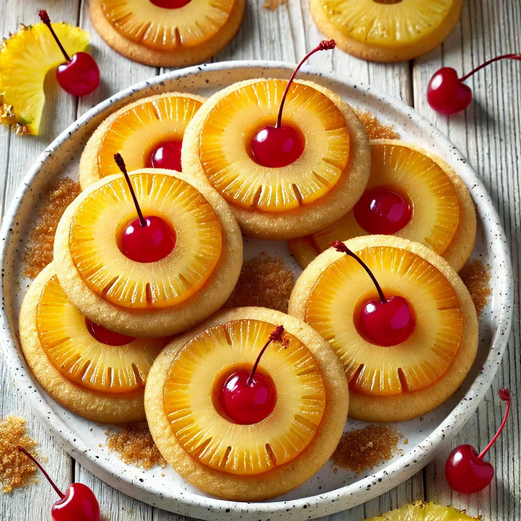 Top-down view of Pineapple Upside Sugar Cookies on a white plate, each featuring a golden-brown sugar cookie base topped with a caramelized pineapple ring and a bright red maraschino cherry in the center. 