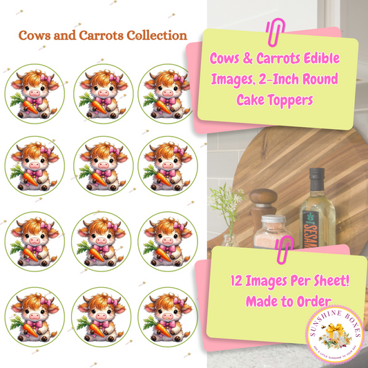 Cows and Carrots Edible Cake Toppers 2 Inch Round - Cute Farm Animal Cupcake & Oreo Decorations - 12 Pack Sweet Treat Images