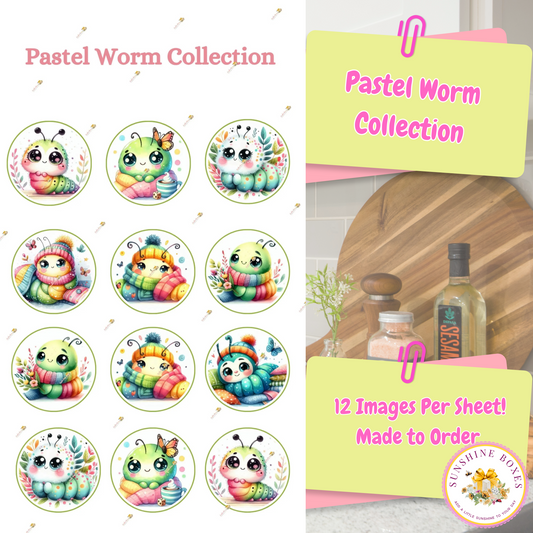 Pastel Worm Collection Edible Images - Round Designs for Oreos & Cake Pucks