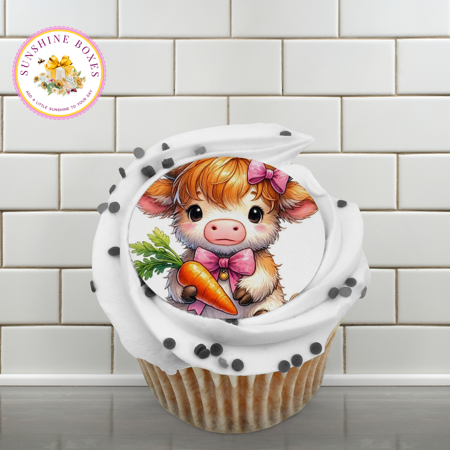 Cows and Carrots Edible Cake Toppers 2 Inch Round - Cute Farm Animal Cupcake & Oreo Decorations - 12 Pack Sweet Treat Images