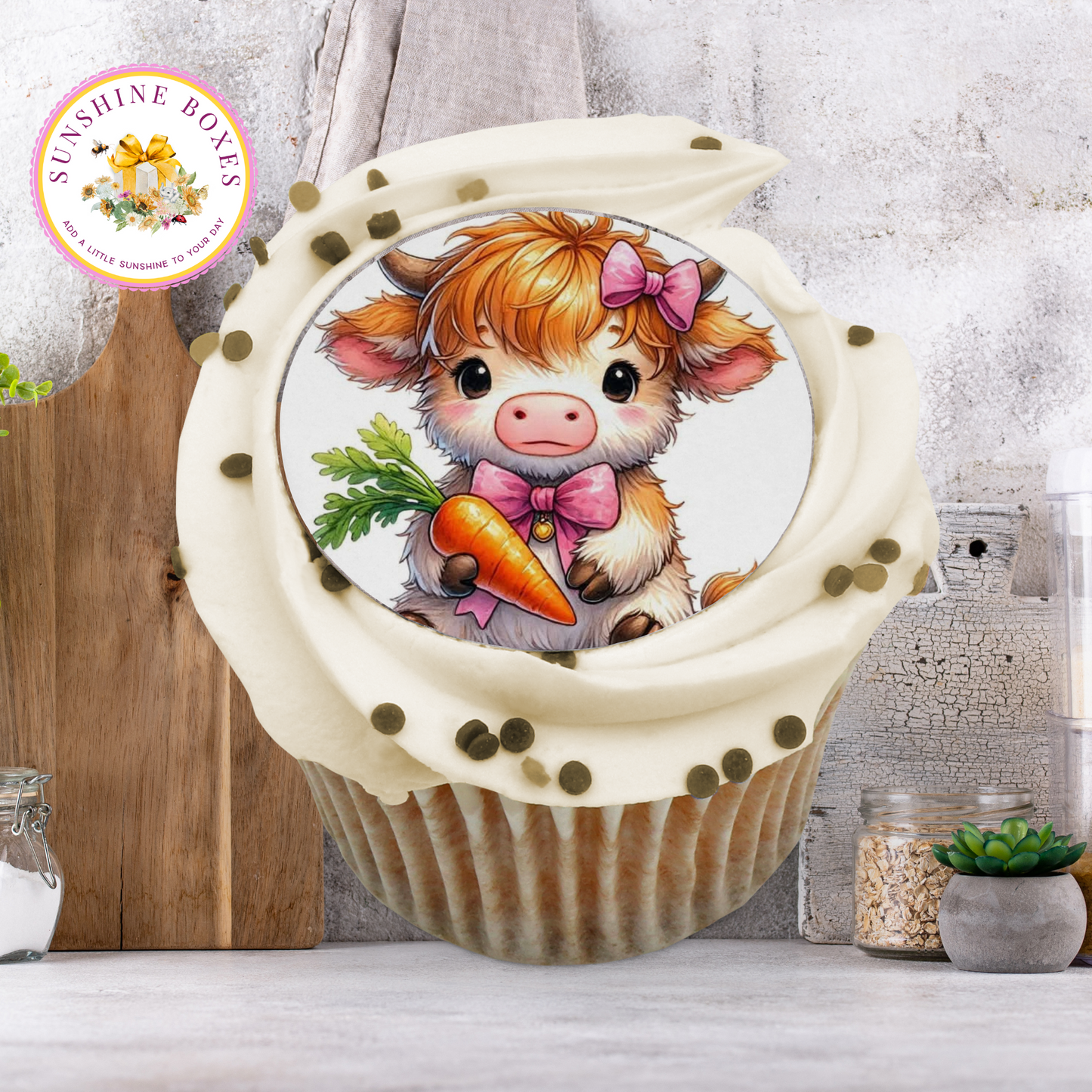 Cows and Carrots Edible Cake Toppers 2 Inch Round - Cute Farm Animal Cupcake & Oreo Decorations - 12 Pack Sweet Treat Images