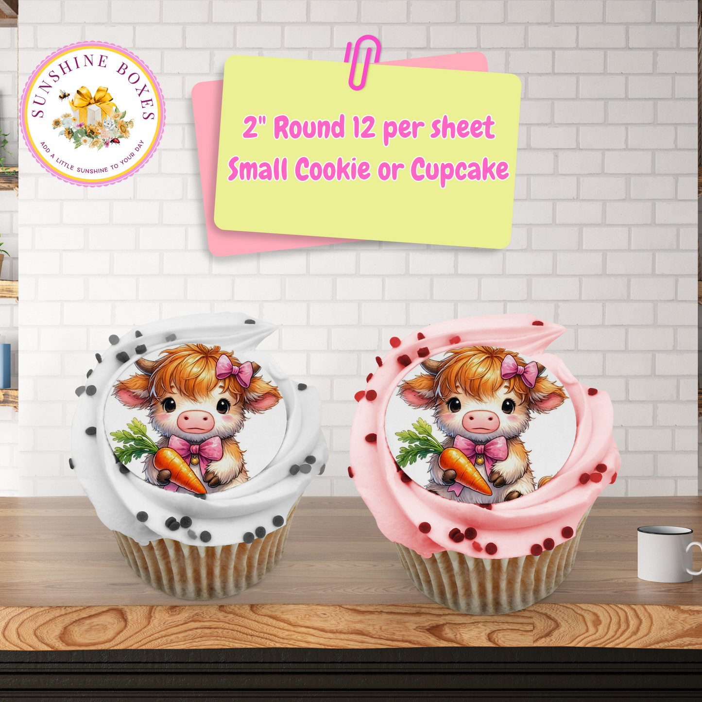 Cows and Carrots Edible Cake Toppers 2 Inch Round - Cute Farm Animal Cupcake & Oreo Decorations - 12 Pack Sweet Treat Images