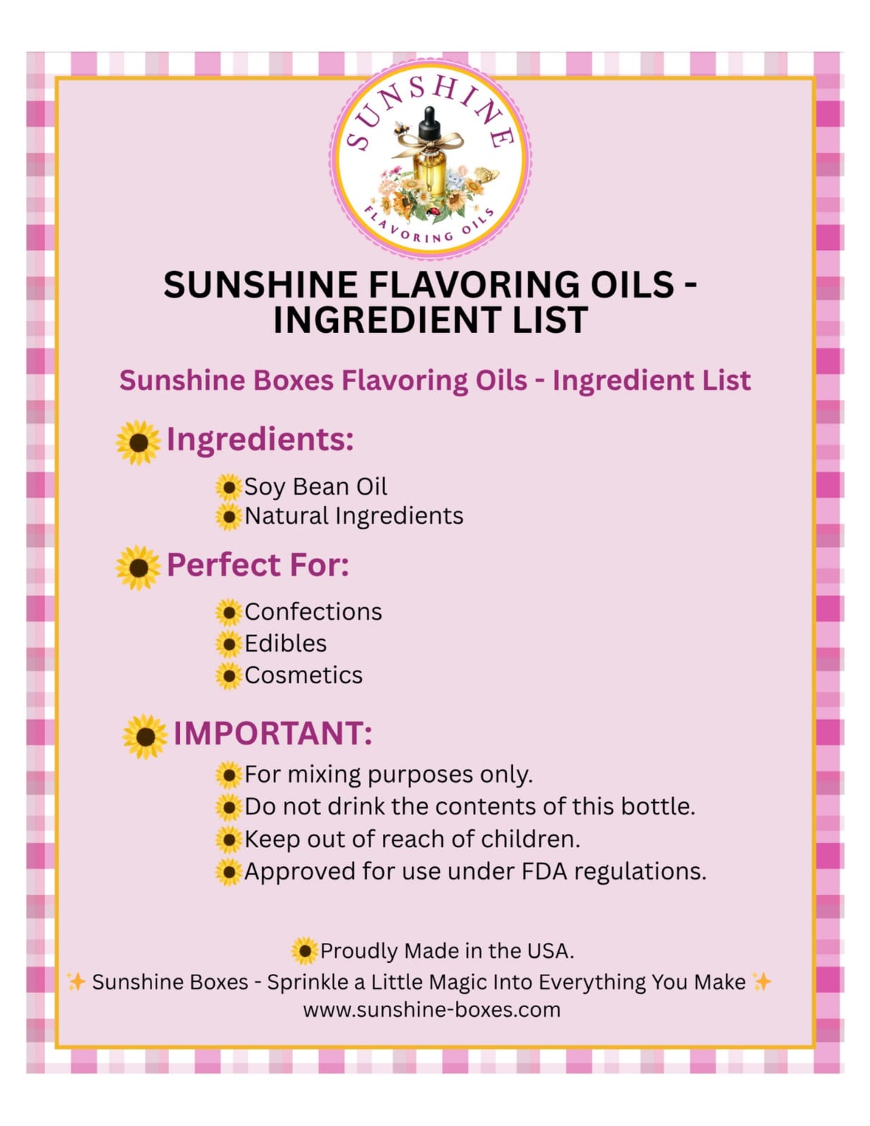 Ingredient list for Sunshine Flavoring Oils with a pink border and logo.