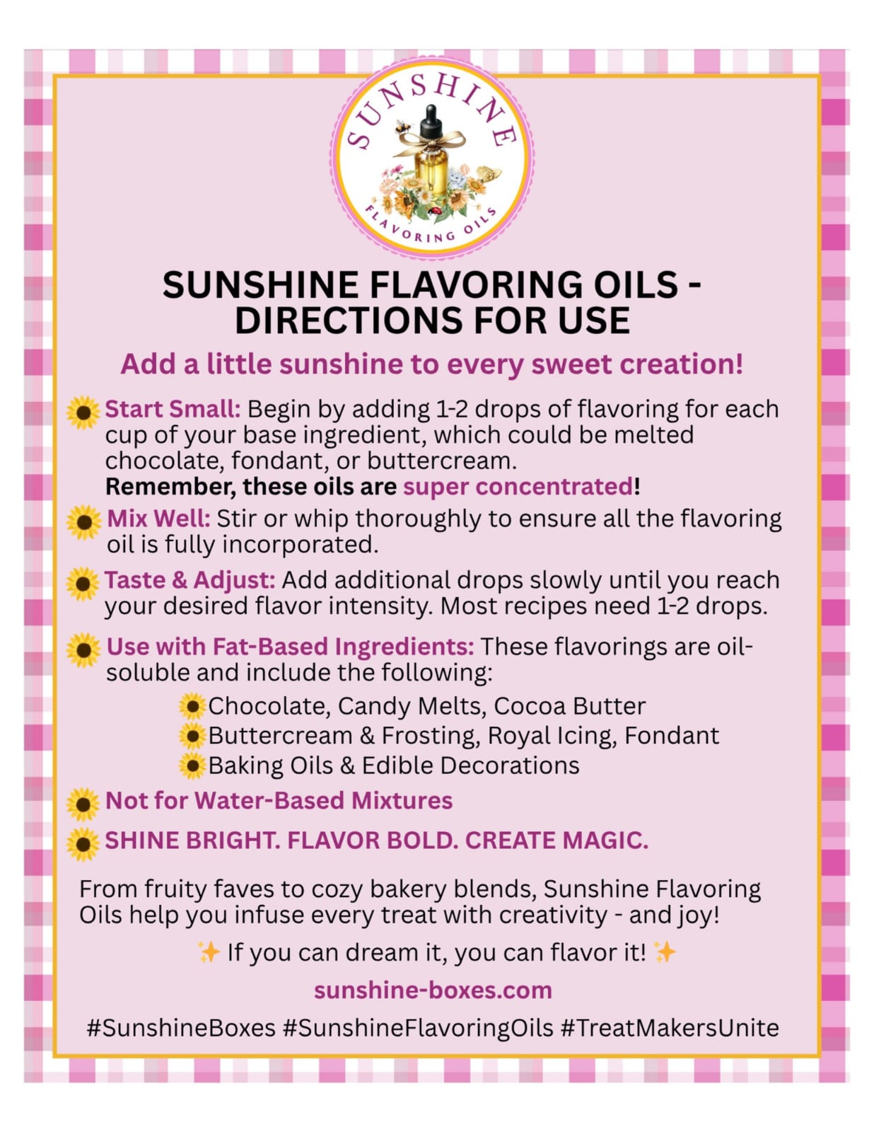 Sunshine Flavoring Oils directions for use on a pink background with decorative elements.
