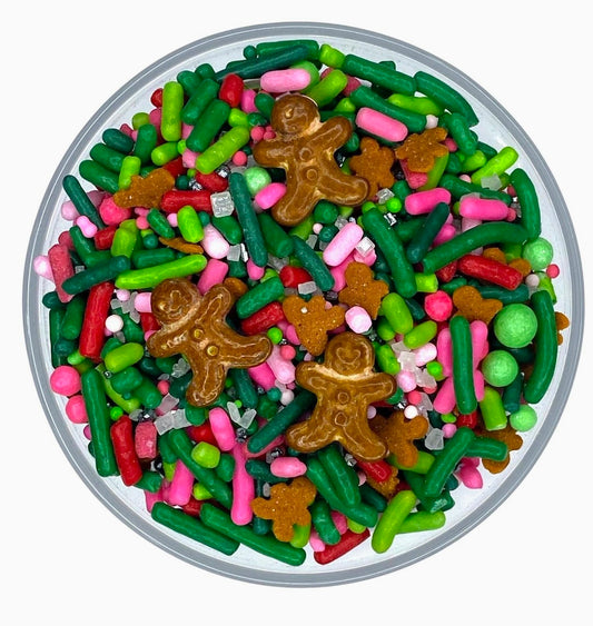 Edible Gingerbread Man Sprinkles – Green & Pink Christmas Topping Mix for Cookies, Cupcakes, Cakes – 2oz or 4oz Jar