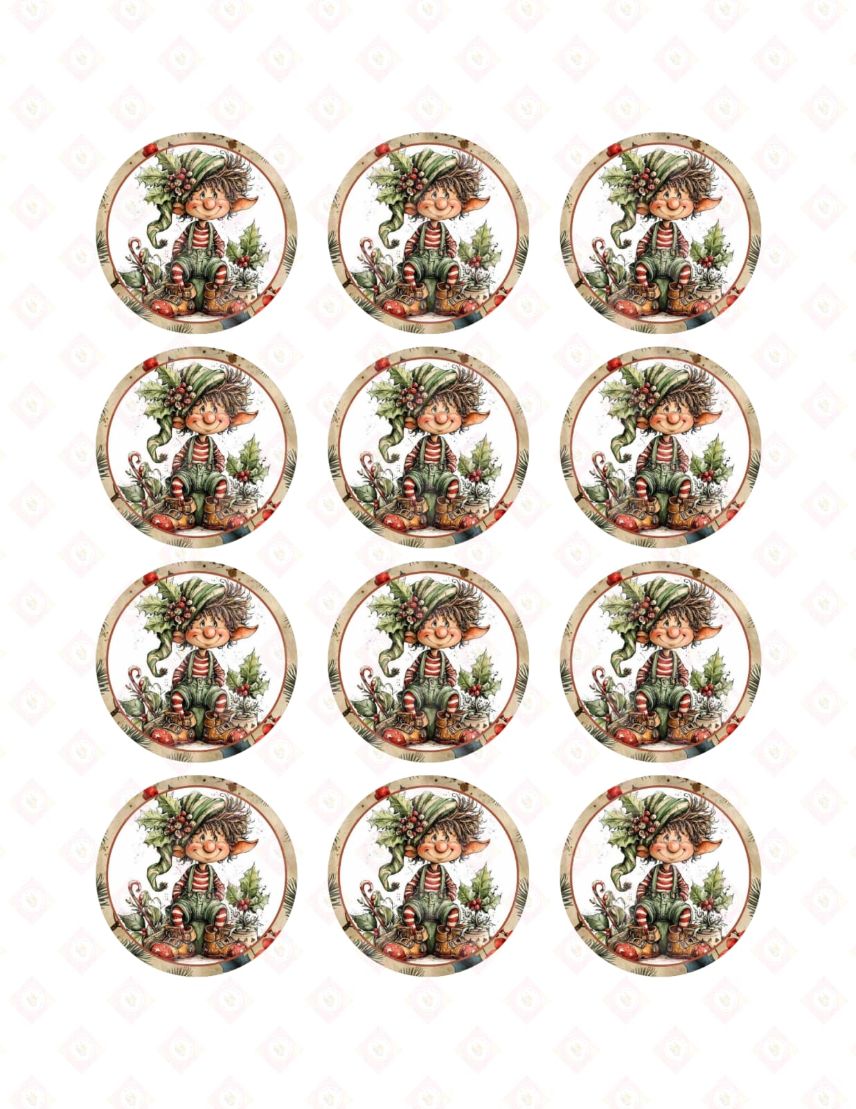 Whimsical Christmas Elf Edible Cupcake Toppers | Pre-Cut Vintage Holiday Sugar Images for Cozy Festive Baking & Treats.