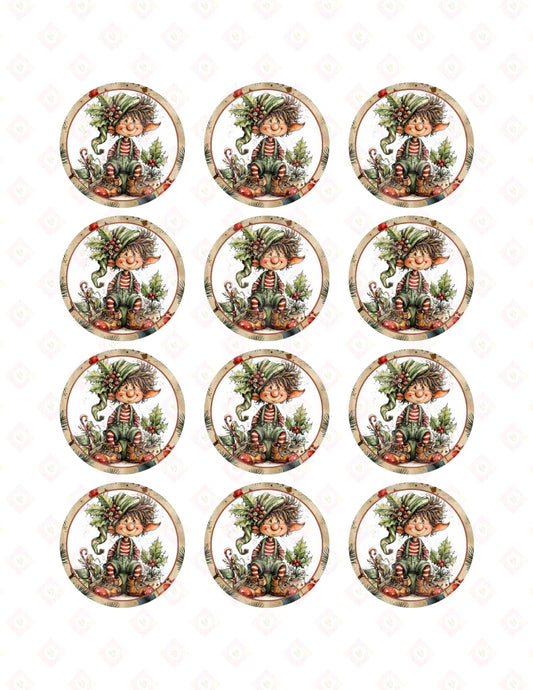 Whimsical Christmas Elf Edible Cupcake Toppers | Pre-Cut Vintage Holiday Sugar Images for Cozy Festive Baking & Treats.