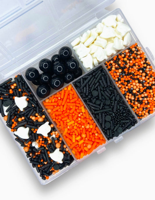 Haunted Sprinkle Box – Halloween Edible Sprinkle Kit with Ghosts, Eyes & Spooky Mixes (6-Compartment)