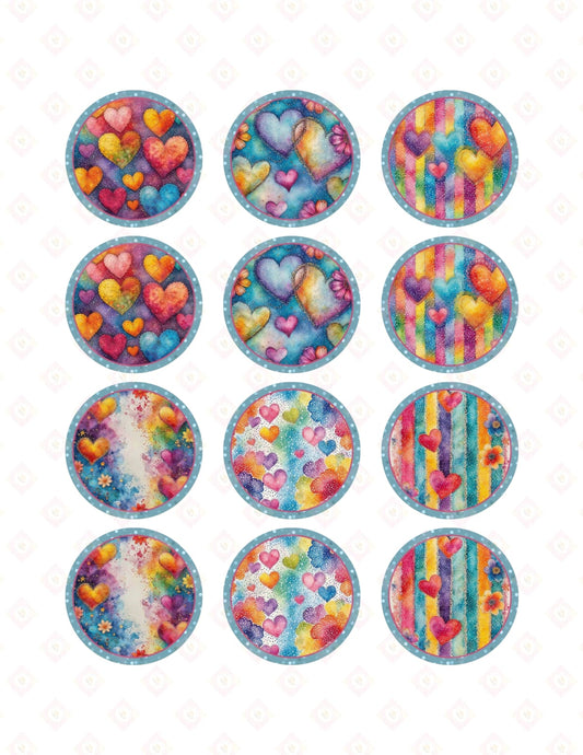Rainbow Watercolor Hearts Edible Cupcake Toppers | Pre-Cut Glitter Coquette Style Sugar Images for Valentine's Day Baking.