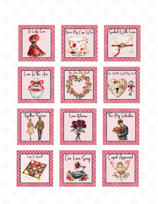 Vintage Romantic Love Quotes Edible Square Cookie Toppers | Pre-Cut Retro Coquette Style Sugar Images for Valentine's Day.