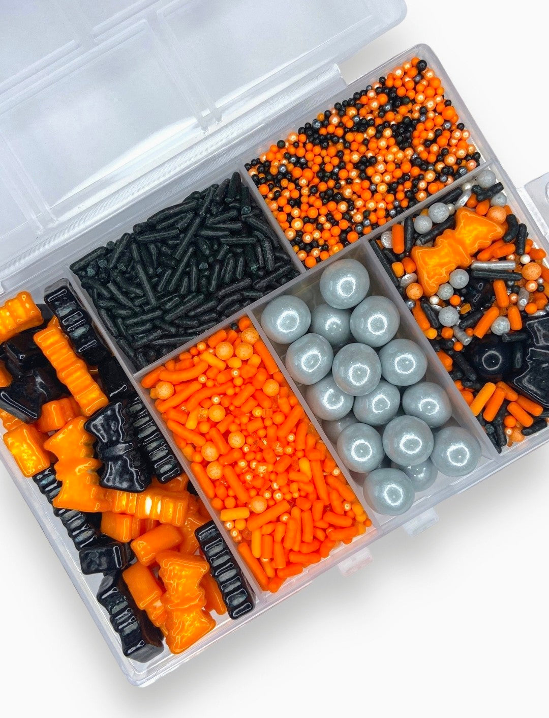 Spooky Sprinkle Box – Edible Halloween Sprinkles in Black, Orange & Silver (6-Compartment Kit)