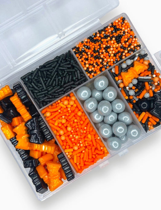 Spooky Sprinkle Box – Edible Halloween Sprinkles in Black, Orange & Silver (6-Compartment Kit)