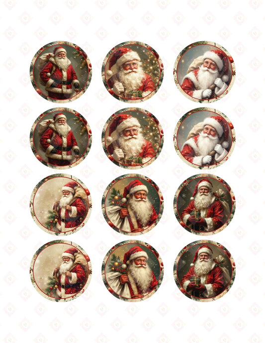 Santa Edible Images for Cookies – 2 Inch Round Vintage Christmas Toppers on Frosting Sheets, Old-Fashioned Santa Decor