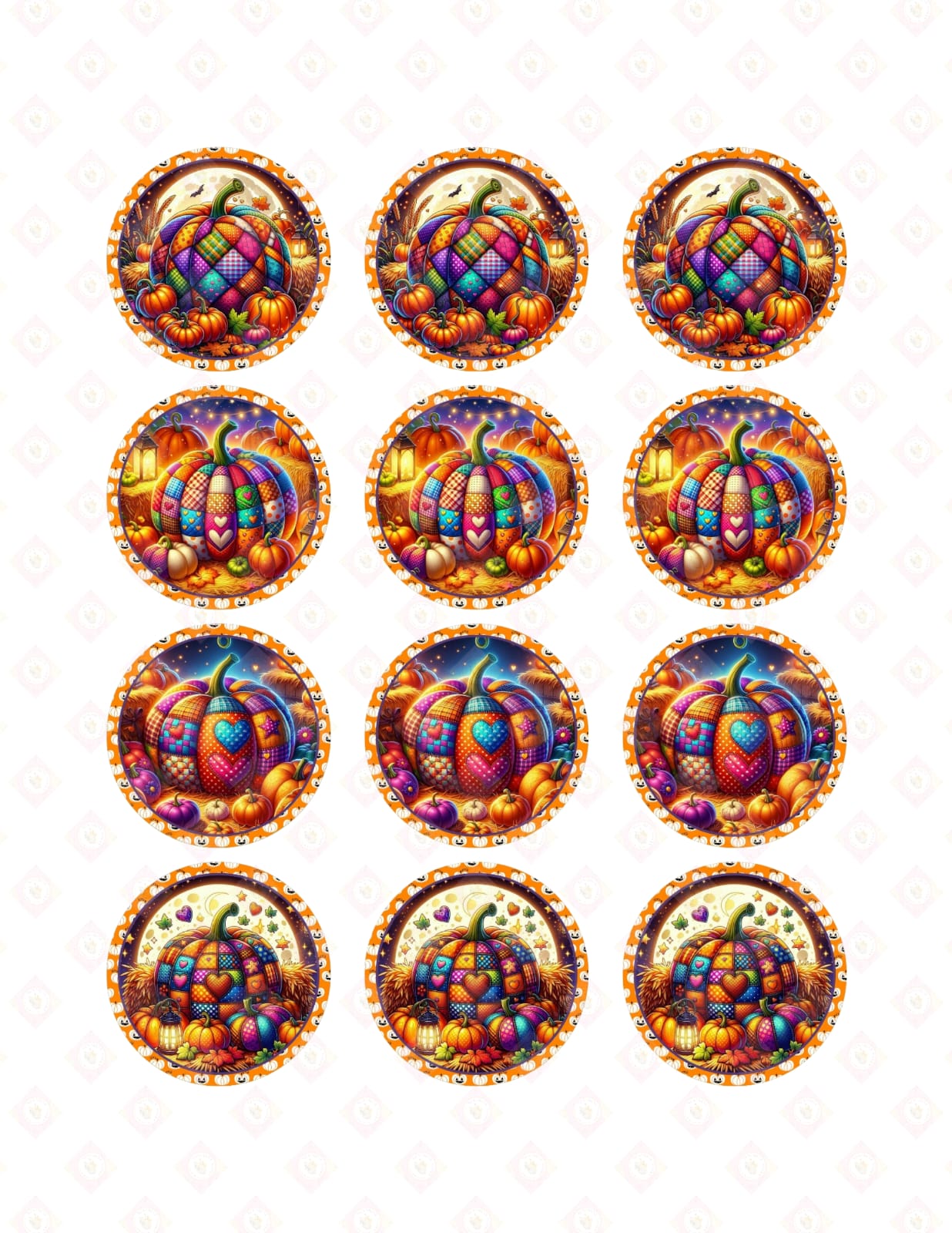 Rainbow Patchwork Pumpkin Edible Cupcake Toppers | Pre-Cut Whimsical Quilt Sugar Images for Bohemian Fall Baking.