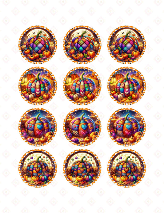 Rainbow Patchwork Pumpkin Edible Cupcake Toppers | Pre-Cut Whimsical Quilt Sugar Images for Bohemian Fall Baking.