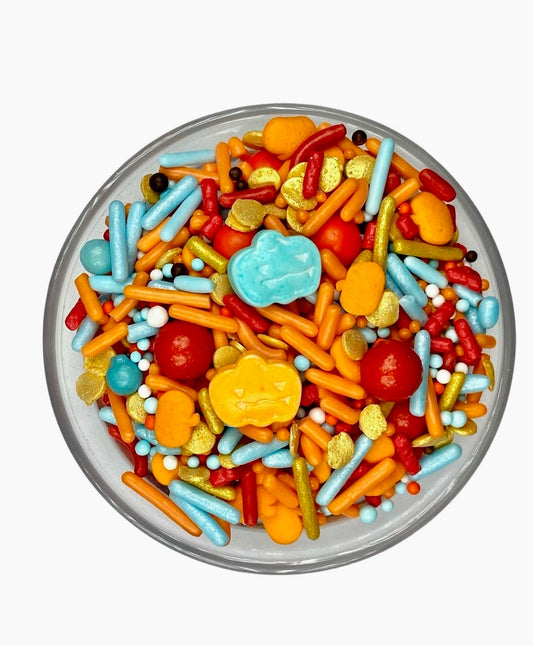 Scarecrow Harvest Sprinkle Mix – Edible Fall Sprinkles with Pumpkins & Blue Accents