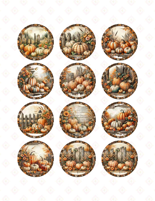 Fall Pumpkin Edible Images for Cookies – 2 Inch Round Frosting Sheet Toppers, Rustic Autumn Cupcake Decor