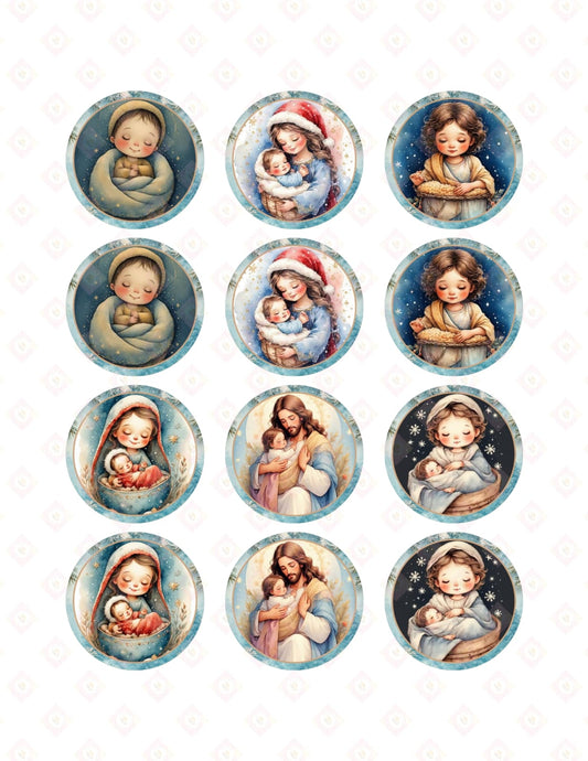 Nativity Edible Images for Cookies – 2 Inch Round Frosting Sheet Toppers, Baby Jesus Christmas Cupcake Decor