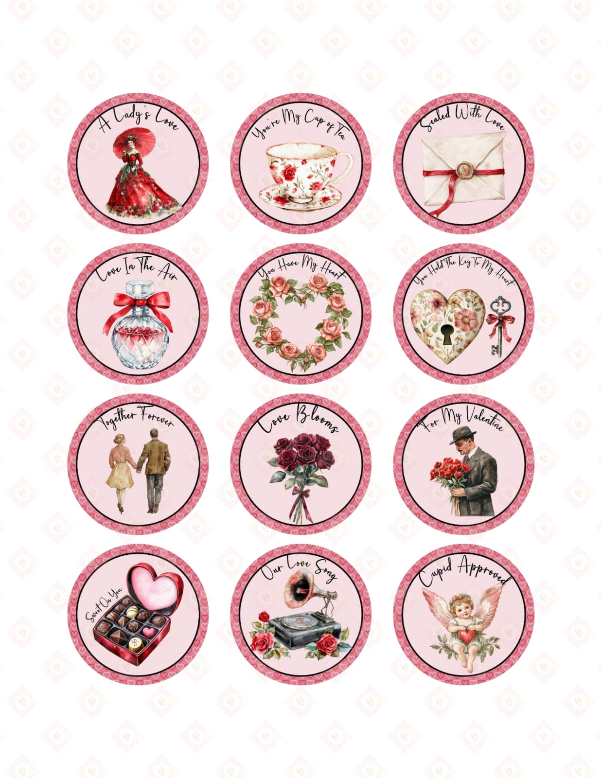 Vintage Romantic Love Quotes Edible Cupcake Toppers | Pre-Cut Retro Coquette Style Sugar Images for Valentine's Day.