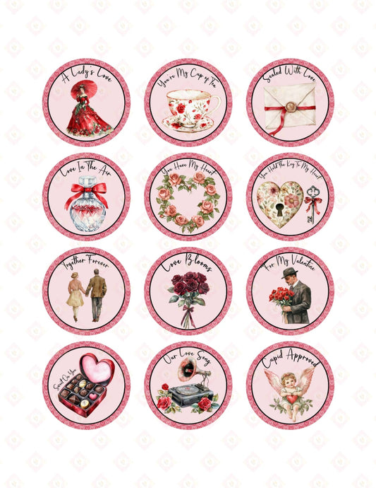 Vintage Romantic Love Quotes Edible Cupcake Toppers | Pre-Cut Retro Coquette Style Sugar Images for Valentine's Day.