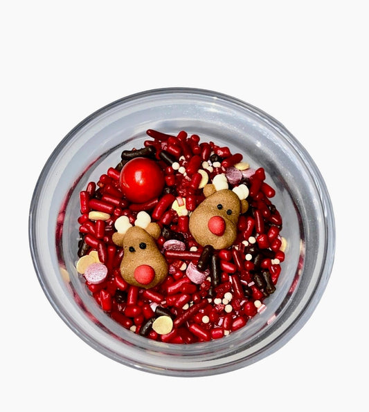 Edible Reindeer Sprinkle Mix – Rudolph Red Nose Christmas Toppings for Cookies, Cupcakes, Cakes, Cocoa Bombs – 2oz or 4oz Jar