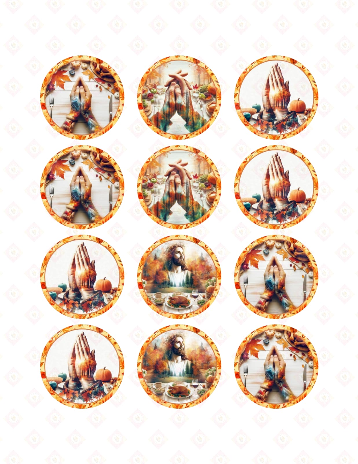 Thanksgiving Praying Hands Edible Cupcake Toppers | Pre-Cut Faith-Based Harvest Sugar Images for Fall Blessings.