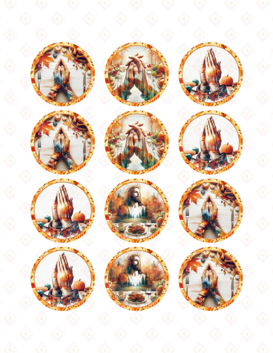 Thanksgiving Praying Hands Edible Cupcake Toppers | Pre-Cut Faith-Based Harvest Sugar Images for Fall Blessings.