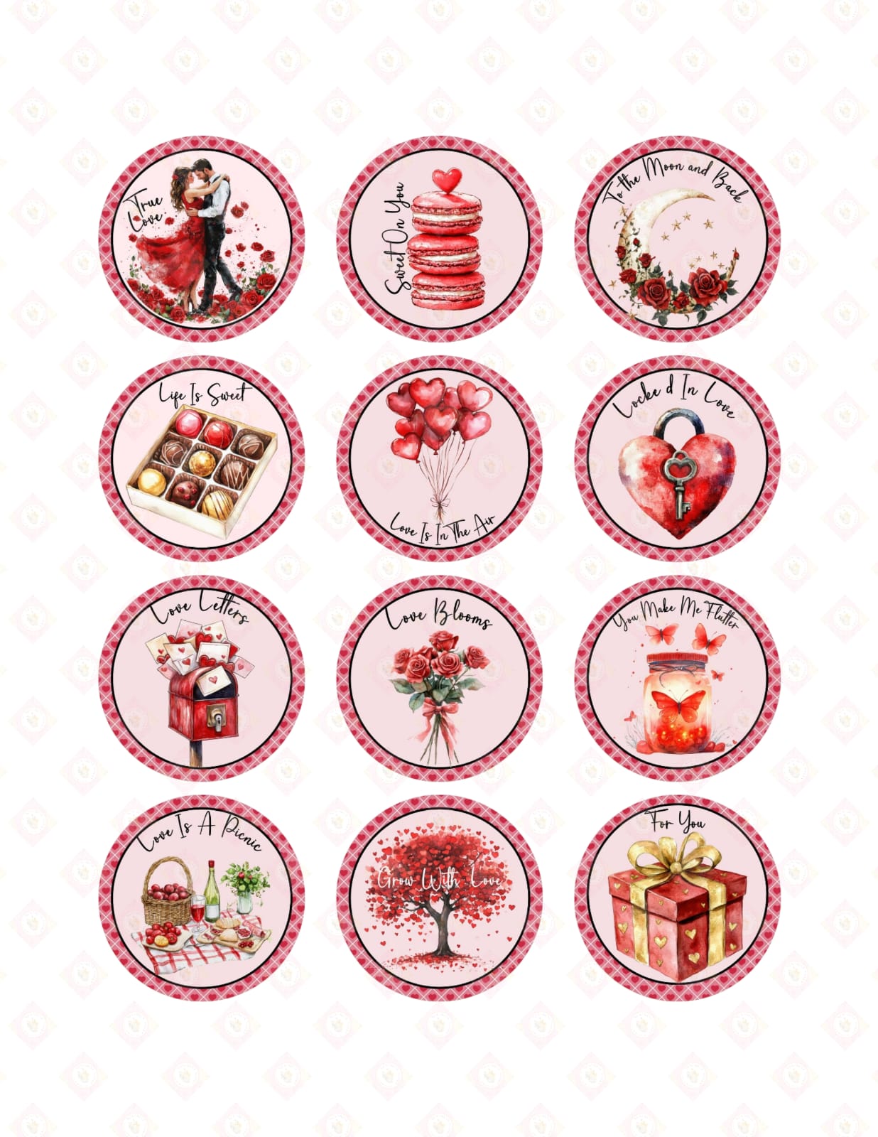 Romantic Love Quotes Edible Cupcake Toppers | Watercolor Red Roses Coquette Style Sugar Images for Valentine's Day Baking.