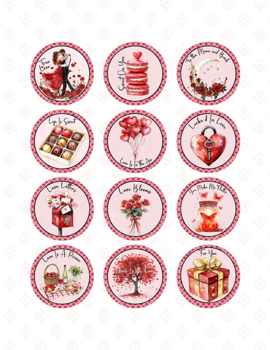 Romantic Love Quotes Edible Cupcake Toppers | Watercolor Red Roses Coquette Style Sugar Images for Valentine's Day Baking.