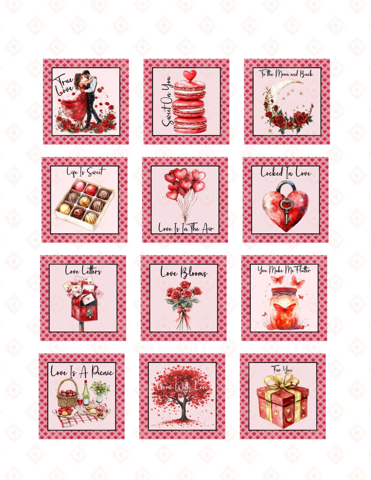 Romantic Love Quotes Edible Square Cookie Toppers | Watercolor Red Roses Coquette Sugar Images for Valentine's Day Baking.
