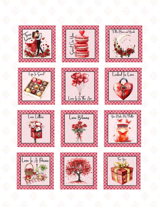 Romantic Love Quotes Edible Square Cookie Toppers | Watercolor Red Roses Coquette Sugar Images for Valentine's Day Baking.