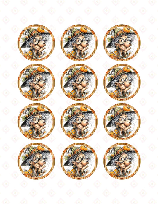 Easy Halloween Cupcake Decoration Edible Toppers | Whimsical Granny Witch Pre-Cut Sugar Images for Festive Fall Baking & Treats.