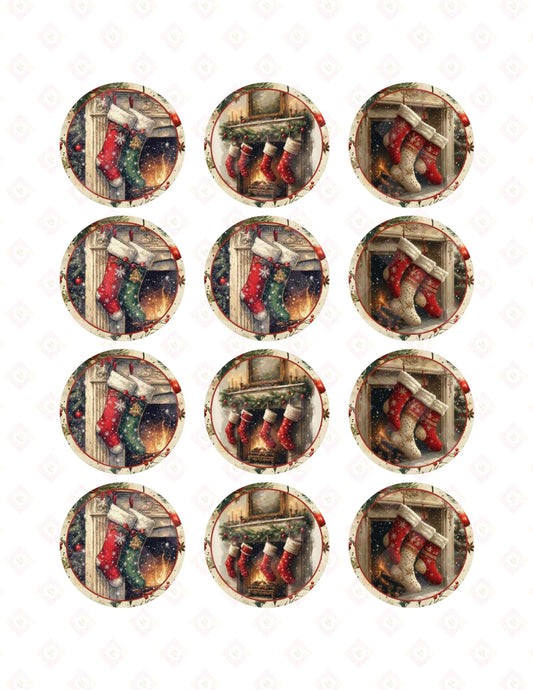Cozy Fireplace Stockings Edible Cupcake Toppers | Pre-Cut Traditional Christmas Sugar Images for Rustic Holiday Baking.