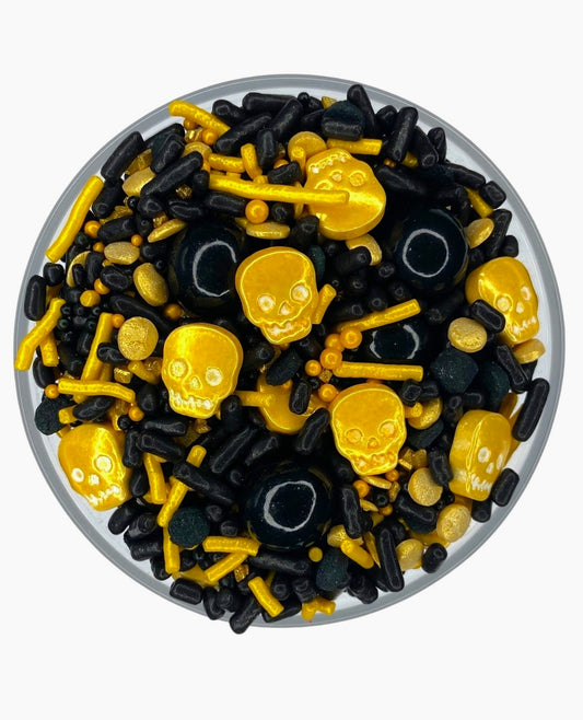 Black & Gold Skull Sprinkle Mix – Edible Halloween Sprinkles with Skulls & Bones